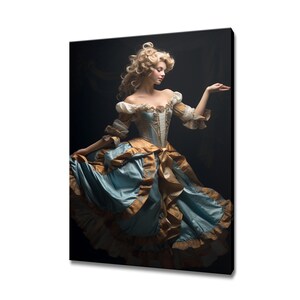 Lady In Blue Golden Baroque Dress Canvas Print | Fashion Art Print | Vintage Portrait Painting Print I Victorian Antique Female Wall Art