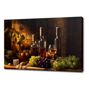 Red White Wine Bottle Glass Grapes Canvas Print | Tuscany Vineyard Italian Art | Wine Lover Gift Wall Hanging | Kitchen Restaurant Wall Art