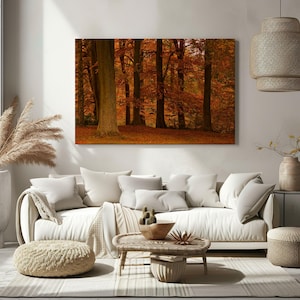 Autumn Red Trees canvas wall art print, autumn forest landscape art, rustic countryside home décor, seasonal wall artwork for living room