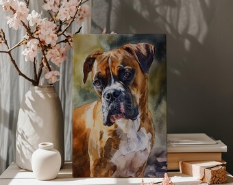 May include: Watercolor painting of a Boxer dog. The dog has a brown and white coat with a black muzzle and expressive eyes. The artwork is displayed on a white surface, with a vase of pink flowers in the background.
