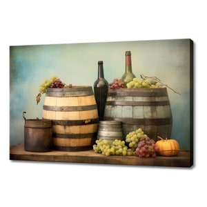 Wine Bottles Barrels Grapes Canvas Print | Tuscany Vineyard Italian Art | Wine Lover Gift Wall Hanging | Kitchen Restaurant Wall Art Print