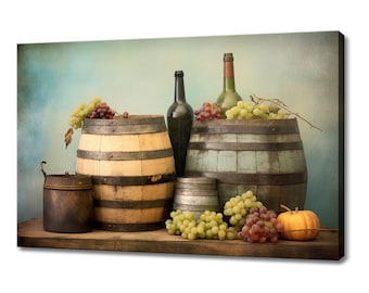 Wine Bottles Barrels Grapes Canvas Print | Tuscany Vineyard Italian Art | Wine Lover Gift Wall Hanging | Kitchen Restaurant Wall Art Print
