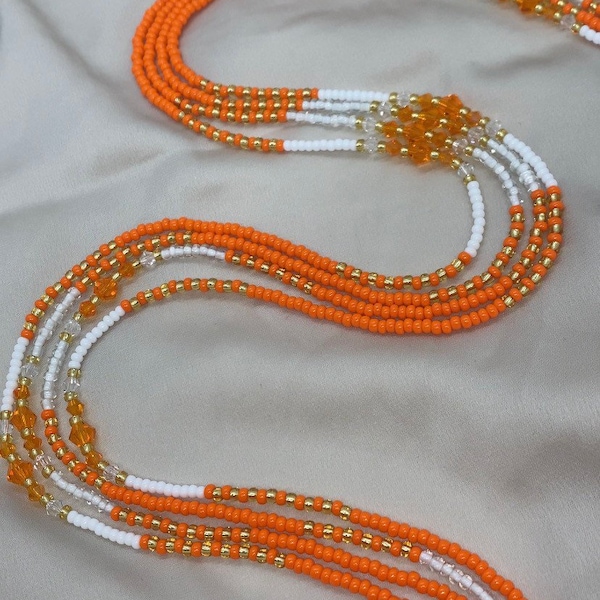 Orange and white Crystal Waist Beads (twin set) | African waist beads | Belly beads | Elastic Waist Beads