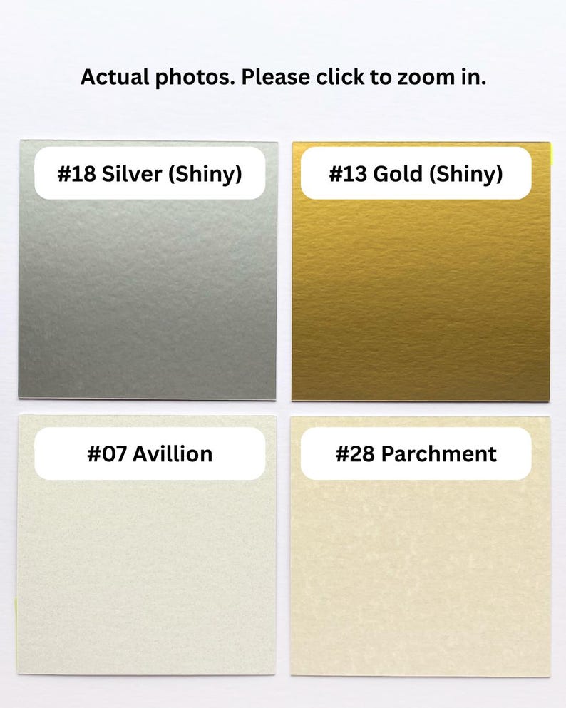 Może przedstawiać: Cztery kwadratowe pr&oacute;bki materiału ułożone w siatkę. Lewy g&oacute;rny r&oacute;g #18 Silver (Shiny), prawy g&oacute;rny r&oacute;g #13 Gold (Shiny), lewy dolny r&oacute;g #07 Avillion, prawy dolny r&oacute;g #28 Parchment. Każda pr&oacute;bka posiada białą etykietę z nazwą.