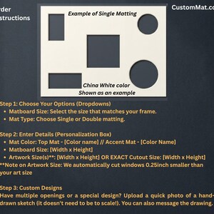 May include: A rectangular off-white matboard with five cutouts of varying shapes and sizes, including rectangles, a square, and circles. The text CustomMat.com, Example of Single Matting, and China White color Shown as an example are visible.