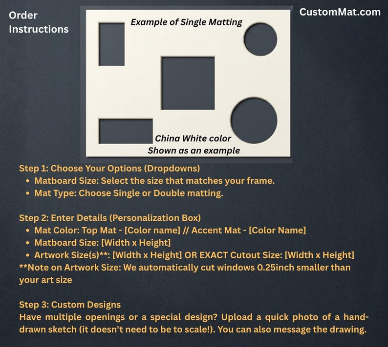 May include: A rectangular off-white matboard with five cutouts of varying shapes and sizes, including rectangles, a square, and circles. The text CustomMat.com, Example of Single Matting, and China White color Shown as an example are visible.