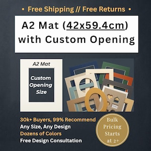Könnte beinhalten: Eine Sammlung von A2-Passepartouts mit den Maßen 42x59,4cm mit individuellen Ausschnitten in verschiedenen Farben und Formen. Der Text lautet A2 Mat (42x59.4cm) with Custom Opening, A2 Mat, Custom Opening Size, 30k+ Buyers, 99% Recommend, Any Size, Any Design, Dozens of Colors, Free Design Consultation, Bulk Pricing Starts at 2+.