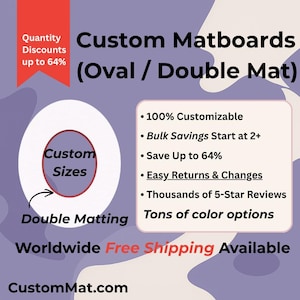 May include: Custom matboards with an oval double mat design. The graphic features text including Custom Matboards (Oval / Double Mat), Custom Sizes, Double Matting, 100% Customizable, Bulk Savings Start at 2+, Save Up to 64%, and CustomMat.com.