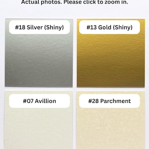 May include: Four square material swatches arranged in a grid. Top left is #18 Silver (Shiny), top right is #13 Gold (Shiny), bottom left is #07 Avillion, and bottom right is #28 Parchment. Each swatch features a white label with its name.