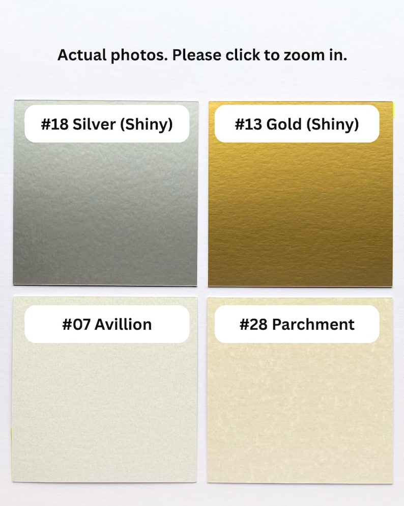 May include: Four square material swatches arranged in a grid. Top left is #18 Silver (Shiny), top right is #13 Gold (Shiny), bottom left is #07 Avillion, and bottom right is #28 Parchment. Each swatch features a white label with its name.