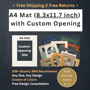 May include: A collection of A4 mats measuring 8.3 by 11.7 inches with custom openings. The mats are available in various colors including blue, green, orange, tan, and cream, featuring rectangular, oval, heart, and house-shaped cutouts.