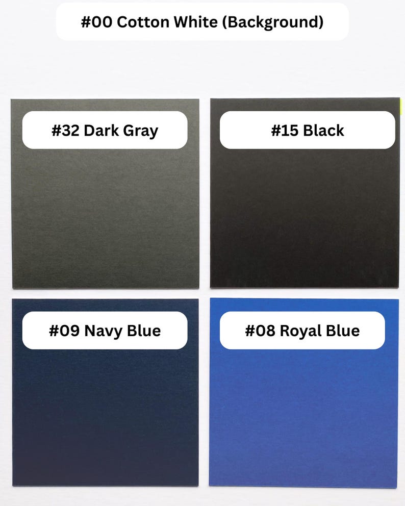 May include: A color chart featuring four square swatches on a cotton white background. The swatches are labeled #32 Dark Gray, #15 Black, #09 Navy Blue, and #08 Royal Blue. Each swatch is a solid, flat color block arranged in a two-by-two grid layout.