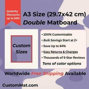 May include: A3 size double matboard, 29.7x42 cm, with a white border and a red inner frame. Text includes "Custom Sizes," "100% Customizable," and "Save Up to 64%." The website CustomMat.com is also displayed.