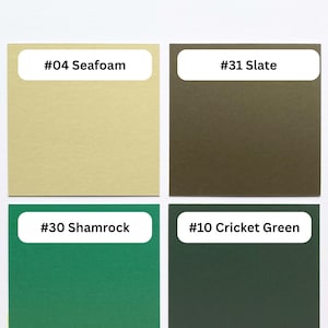 May include: A color swatch chart featuring four square samples labeled #04 Seafoam, #31 Slate, #30 Shamrock, and #10 Cricket Green, set against a #00 Cotton White background. Each square displays a distinct solid color shade for reference.