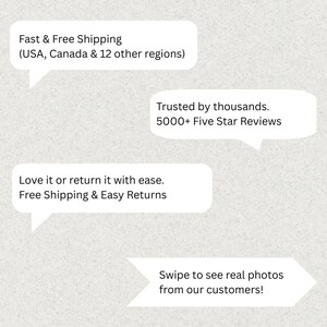 May include: Four white speech bubbles on a light gray textured background. The text reads: Fast & Free Shipping (USA, Canada & 12 other regions), Trusted by thousands. 5000+ Five Star Reviews, Love it or return it with ease. Free Shipping & Easy Returns, Swipe to see real photos from our customers!