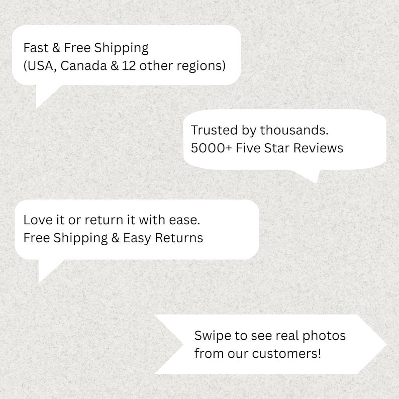 May include: Four white speech bubbles on a light gray textured background. The text reads: Fast & Free Shipping (USA, Canada & 12 other regions), Trusted by thousands. 5000+ Five Star Reviews, Love it or return it with ease. Free Shipping & Easy Returns, Swipe to see real photos from our customers!