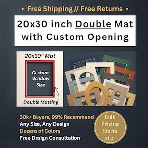 Peut inclure: Un passe-partout double de 20x30 pouces avec une ouverture personnalisée. L'image présente divers passe-partout rectangulaires et ovales de plusieurs couleurs, dont bleu, vert, orange, gris et beige, avec des formes de fenêtres variées.