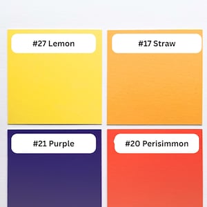 May include: A color chart featuring four square swatches on a cotton white background. The swatches are labeled #27 Lemon (bright yellow), #17 Straw (light orange), #21 Purple (deep violet), and #20 Perisimmon (vibrant orange-red).