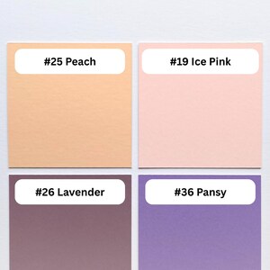 May include: A color swatch chart featuring five square samples labeled with text. The colors include #00 Cotton White, #25 Peach, #19 Ice Pink, #26 Lavender, and #36 Pansy. Each square displays its corresponding color name and number in a white label.