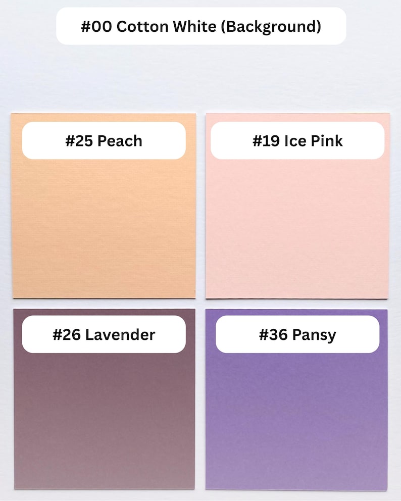 May include: A color swatch chart featuring five square samples labeled with text. The colors include #00 Cotton White, #25 Peach, #19 Ice Pink, #26 Lavender, and #36 Pansy. Each square displays its corresponding color name and number in a white label.