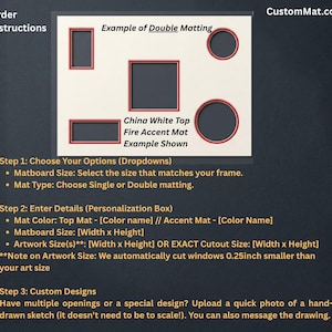 May include: A rectangular white matboard featuring five cutouts of various shapes including rectangles, a square, and circles, with red inner borders. Text includes Order Instructions, Example of Double Matting, and China White Top Fire Accent Mat Example Shown.
