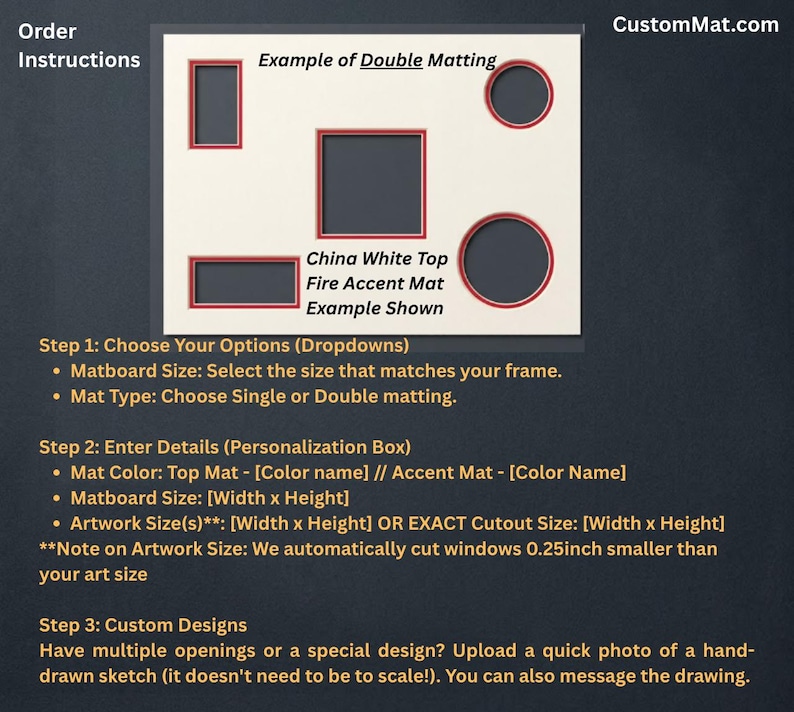 May include: A rectangular white matboard featuring five cutouts of various shapes including rectangles, a square, and circles, with red inner borders. Text includes Order Instructions, Example of Double Matting, and China White Top Fire Accent Mat Example Shown.