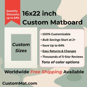 May include: A 16x22 inch custom matboard with the text "Custom Matboard" and "Custom Sizes" in white text on a green background. The text "Quantity Discounts up to 64%" is in white text on a red background. The text "Worldwide Free Shipping Available" is in white text on a green background. The text "CustomMat.com" is in white text on a green background. The text "100% Customizable", "Bulk Savings Start at 2+", "Save Up to 64%", "Easy Returns & Changes", "Thousands of 5-Star Reviews", and "Tons of color options" is in black text on a white background.