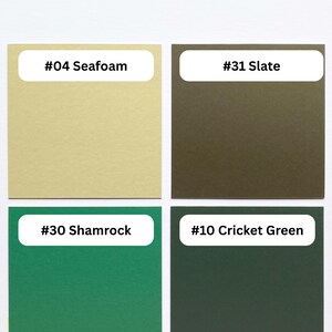 May include: A color swatch chart featuring four square samples labeled #04 Seafoam, #31 Slate, #30 Shamrock, and #10 Cricket Green, set against a #00 Cotton White background. Each square displays a distinct solid color shade for reference.