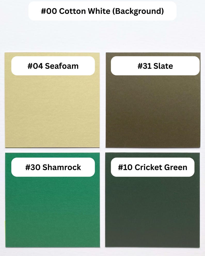 May include: A color swatch chart featuring four square samples labeled #04 Seafoam, #31 Slate, #30 Shamrock, and #10 Cricket Green, set against a #00 Cotton White background. Each square displays a distinct solid color shade for reference.