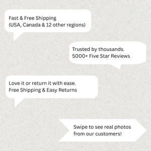 Może przedstawiać: Cztery białe dymki tekstowe na jasnoszarym, teksturowanym tle. Tekst brzmi: Fast & Free Shipping (USA, Canada & 12 other regions), Trusted by thousands. 5000+ Five Star Reviews, Love it or return it with ease. Free Shipping & Easy Returns, Swipe to see real photos from our customers!