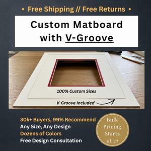 May include: A square off-white matboard featuring a central rectangular cutout with a red inner border and a V-groove detail. The matboard includes text stating Custom Matboard with V-Groove, 100% Custom Sizes, and V-Groove Included, with an arrow pointing to the groove.