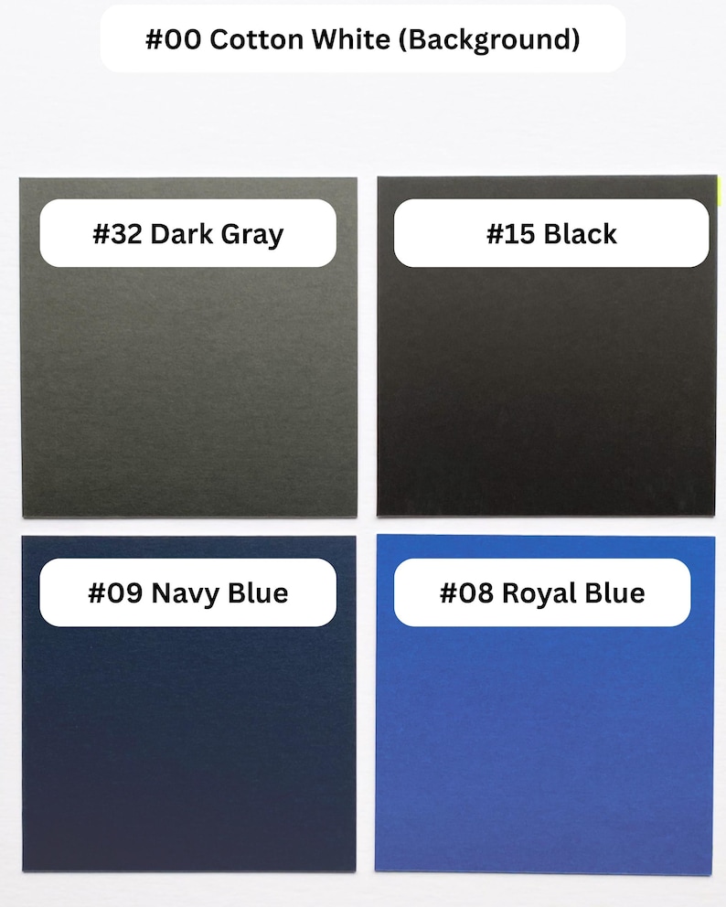 May include: A color chart featuring four square swatches on a cotton white background. The swatches are labeled #32 Dark Gray, #15 Black, #09 Navy Blue, and #08 Royal Blue. Each swatch is a solid, flat color block arranged in a two-by-two grid layout.