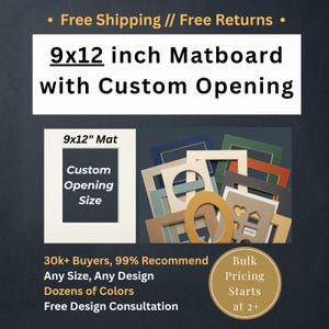 May include: A collection of 22.86 x 30.48 cm matboards featuring custom openings in various colours and shapes, including rectangular, oval, and heart-shaped cutouts. The display shows multiple layered matboards with diverse border widths and colours.
