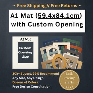 May include: An A1 mat measuring 59.4 by 84.1 cm with a custom opening. The image displays a collection of rectangular and oval picture frame mats in various colors, including blue, green, orange, tan, and cream, featuring diverse cutout shapes.