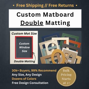 May include: Custom matboard double matting with various colors and shapes. The image displays a white mat with a red inner border, labeled Custom Mat Size, Custom Window Size, and Double Matting. Other mats include circular and heart-shaped cutouts.