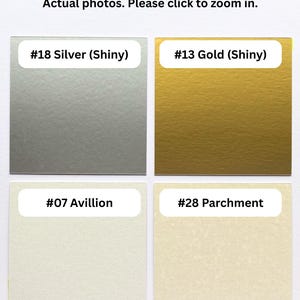 May include: Four square material swatches arranged in a grid. Top left is #18 Silver (Shiny), top right is #13 Gold (Shiny), bottom left is #07 Avillion, and bottom right is #28 Parchment. Each swatch features a white label with its name.