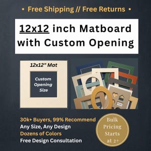 May include: A 12x12 inch matboard with a custom opening. The image displays a single cream-colored square matboard alongside a collection of various matboards in multiple colors and shapes, including circular, heart, and house-shaped cutouts.
