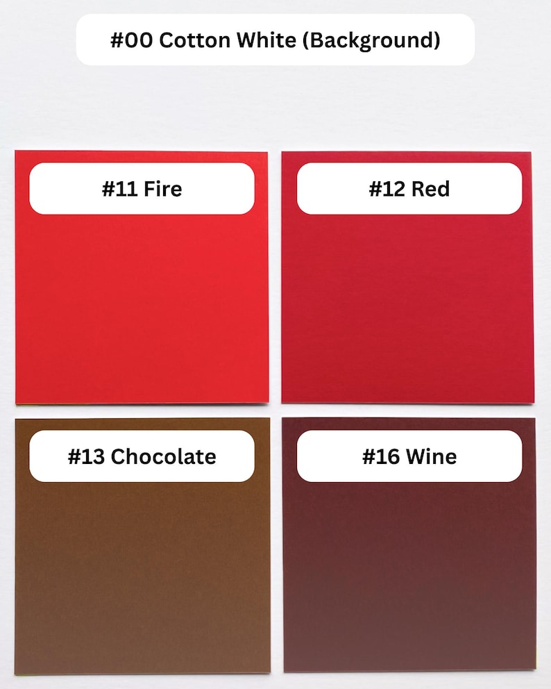 May include: A color swatch chart featuring four square samples labeled #11 Fire in bright red, #12 Red in a deeper shade, #13 Chocolate in brown, and #16 Wine in dark maroon, with a top label #00 Cotton White indicating the background color.