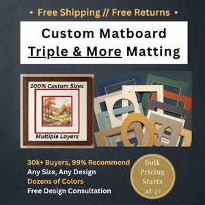May include: Custom matboard with triple and more matting options. The display features a framed landscape painting with multiple layers and a collection of various colored matboard frames in square, oval, and heart-shaped cutouts for custom sizes.