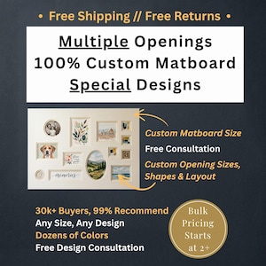 May include: A custom matboard featuring multiple openings in various shapes and sizes, including rectangular, oval, and circular cutouts. The matboard displays a collage of framed artwork, photographs, and text, showcasing a personalized layout design.