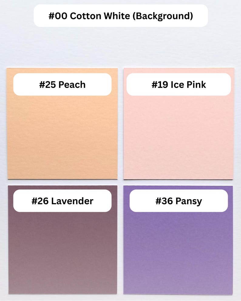 Może przedstawiać: Wzornik kolor&oacute;w zawierający pięć kwadratowych pr&oacute;bek z opisami. Kolory to #00 Cotton White, #25 Peach, #19 Ice Pink, #26 Lavender oraz #36 Pansy. Każdy kwadrat posiada białą etykietę z odpowiadającą mu nazwą koloru oraz numerem.