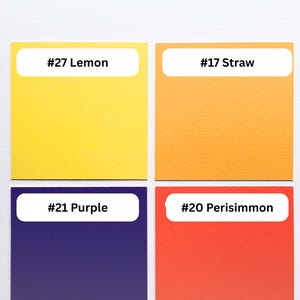 May include: A color chart featuring four square swatches on a cotton white background. The swatches are labeled #27 Lemon (bright yellow), #17 Straw (light orange), #21 Purple (deep violet), and #20 Perisimmon (vibrant orange-red).