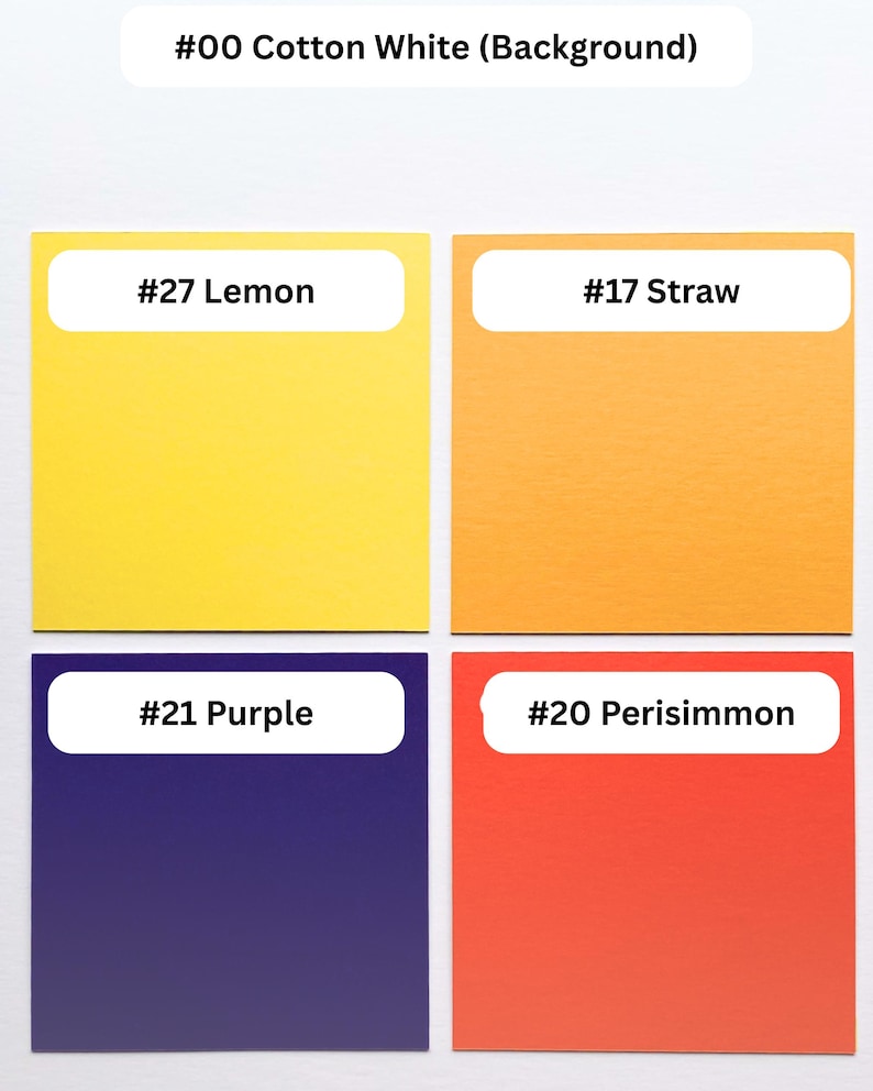 May include: A color chart featuring four square swatches on a cotton white background. The swatches are labeled #27 Lemon (bright yellow), #17 Straw (light orange), #21 Purple (deep violet), and #20 Perisimmon (vibrant orange-red).