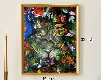 Original Lion Art on Canvas with Acrylic Paint with King of Jungle and other animals depicting how different species are interdependent
