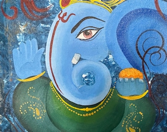 Original Ganesha Painting, Modern Contemporary Indian Wall Art, Indian Home Décor, Diwali gift, Religious Green Art, By Komal Nirula