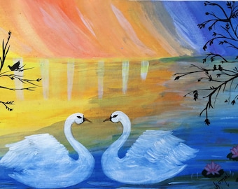 The lovable white swan duo - acrylic color painting in A3 size. Ideal gift -anniversary or spouse birthday. Bright and beautiful wall decor.