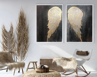 Original Handmade Painting, Gold Leaf Angel Wings Wall Décor, Set of 2, two Textured Art On Canvas Gold Angel Wings Wall Art By Komal Nirula