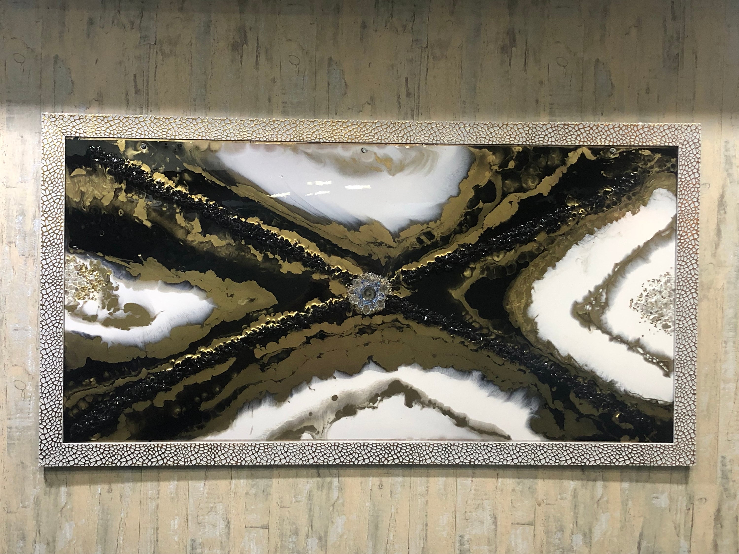 Handmade Feng Shui  crystal lotus painting, Marble look art piece. Large size painting 4 feet by 2 feet. Ready to hang. By Komal Nirula