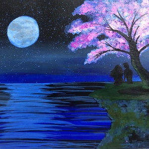 Romantic couple sitting under Jacaranda tree, moon light ocean view, Original Handmade Acrylic Painting for Christmas gift, home decor