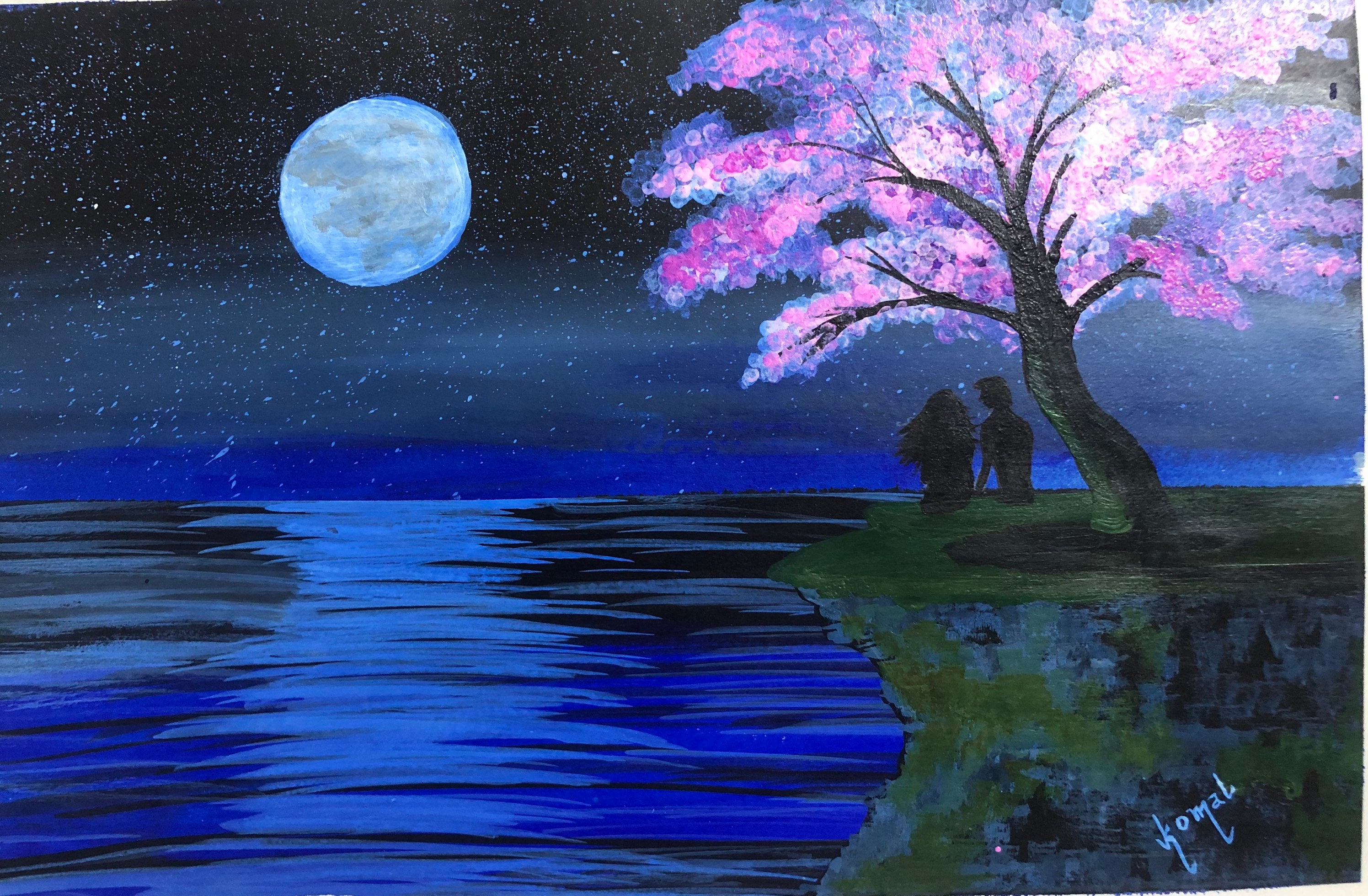 Romantic Couple Acrylic Painting: Jacaranda Tree, Moonlight Ocean